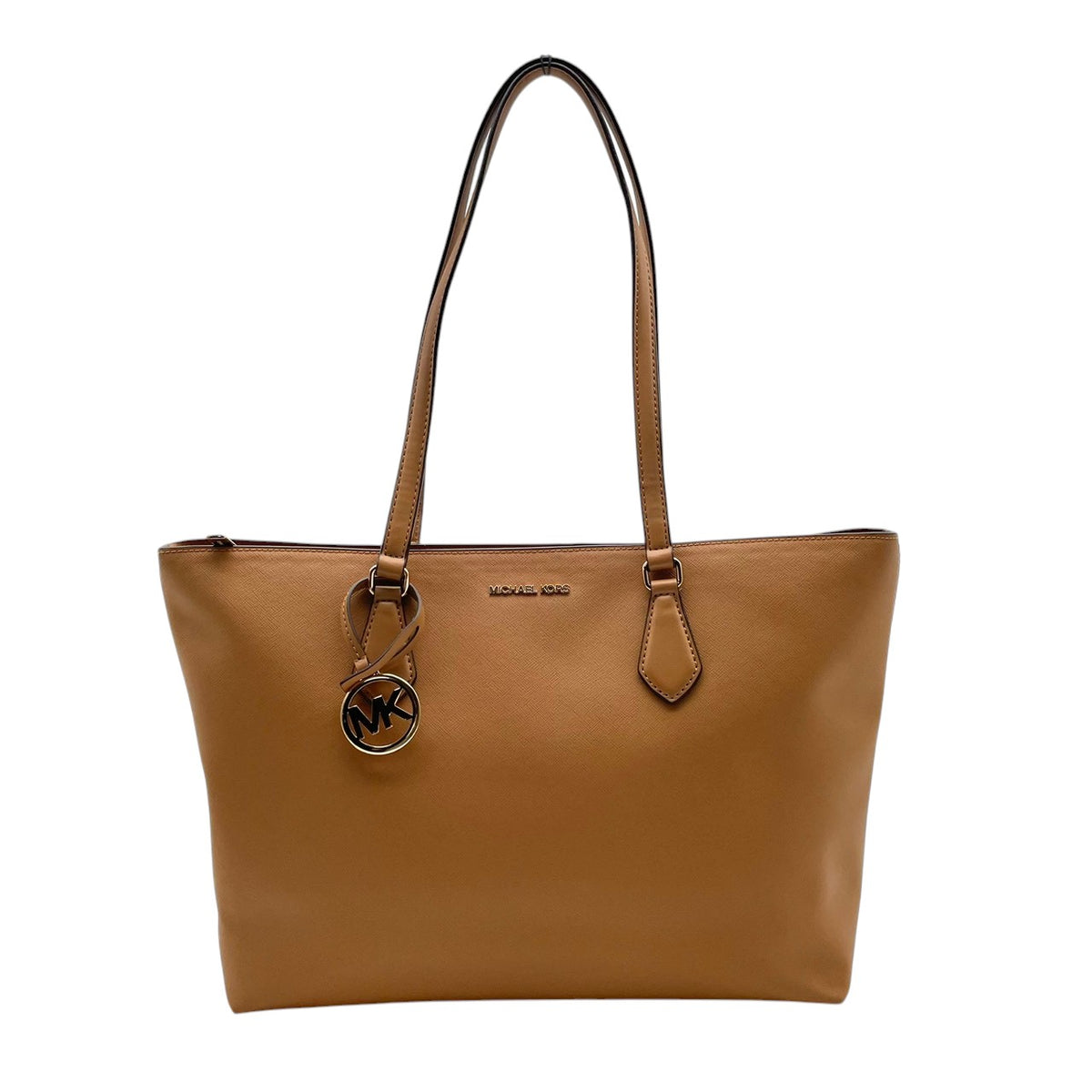 【美品】マイケルコース MICHAEL KORS SHEILA シーラ ミッドファスナー トート ラージ トートバッグ ハンドバッグ 肩掛け レザー 本革 サフィアーノ キャメルブラウン ゴールド金具 チャーム A4収納 通勤 通学 レディース S35