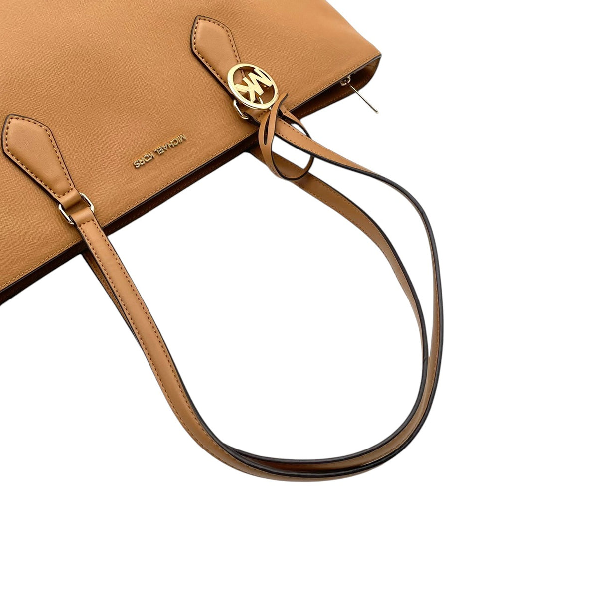 【美品】マイケルコース MICHAEL KORS SHEILA シーラ ミッドファスナー トート ラージ トートバッグ ハンドバッグ 肩掛け レザー 本革 サフィアーノ キャメルブラウン ゴールド金具 チャーム A4収納 通勤 通学 レディース S35