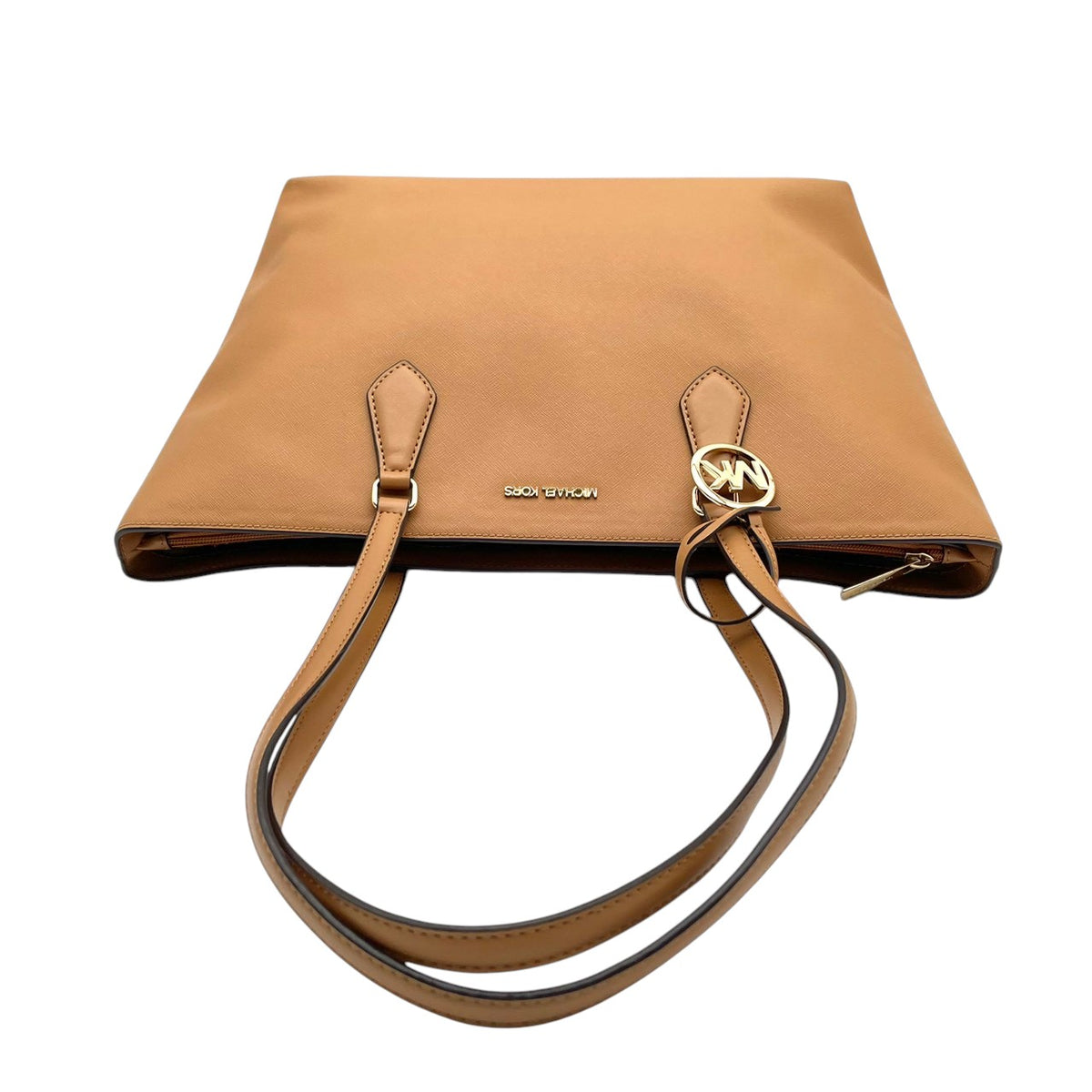 【美品】マイケルコース MICHAEL KORS SHEILA シーラ ミッドファスナー トート ラージ トートバッグ ハンドバッグ 肩掛け レザー 本革 サフィアーノ キャメルブラウン ゴールド金具 チャーム A4収納 通勤 通学 レディース S35