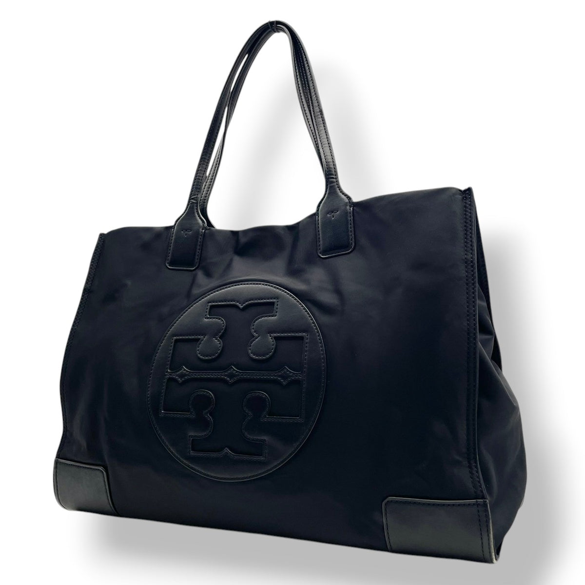 【美品】トリーバーチ TORY BURCH エラ Ella トートバッグ ハンドバッグ ショルダーバッグ 肩掛け ナイロン レザー 本革 ブラック 黒 デカロゴ トライアングル コーナー パッチ A4収納 大容量 通学 通勤 S35