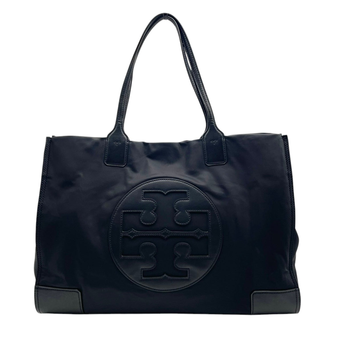 【美品】トリーバーチ TORY BURCH エラ Ella トートバッグ ハンドバッグ ショルダーバッグ 肩掛け ナイロン レザー 本革 ブラック 黒 デカロゴ トライアングル コーナー パッチ A4収納 大容量 通学 通勤 S35