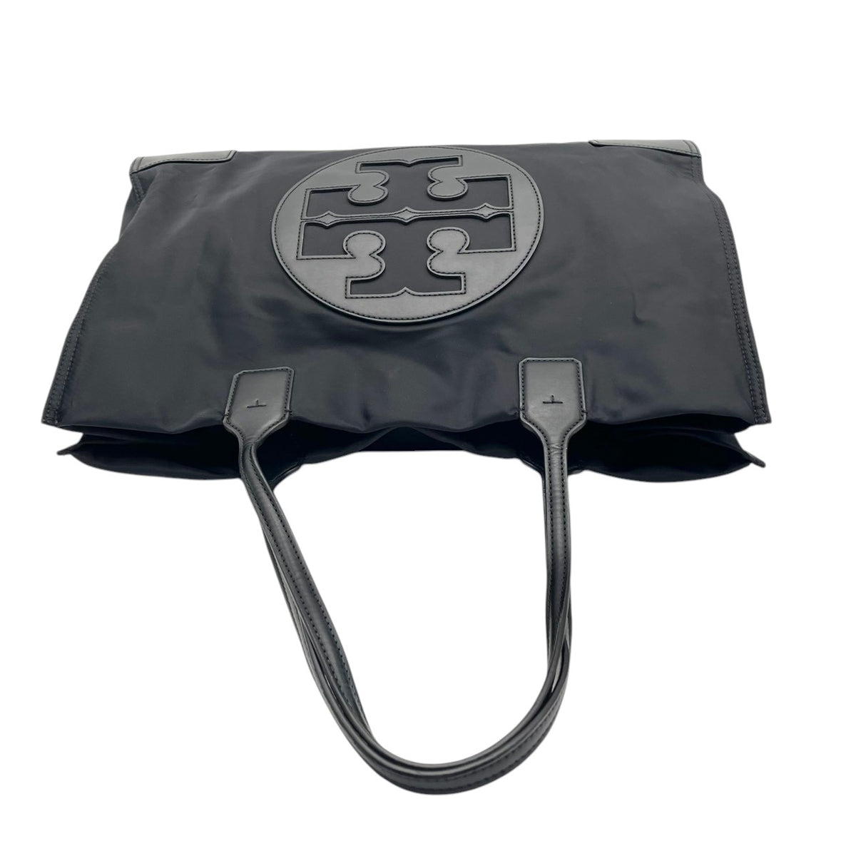 【美品】トリーバーチ TORY BURCH エラ Ella トートバッグ ハンドバッグ ショルダーバッグ 肩掛け ナイロン レザー 本革 ブラック 黒 デカロゴ トライアングル コーナー パッチ A4収納 大容量 通学 通勤 S35