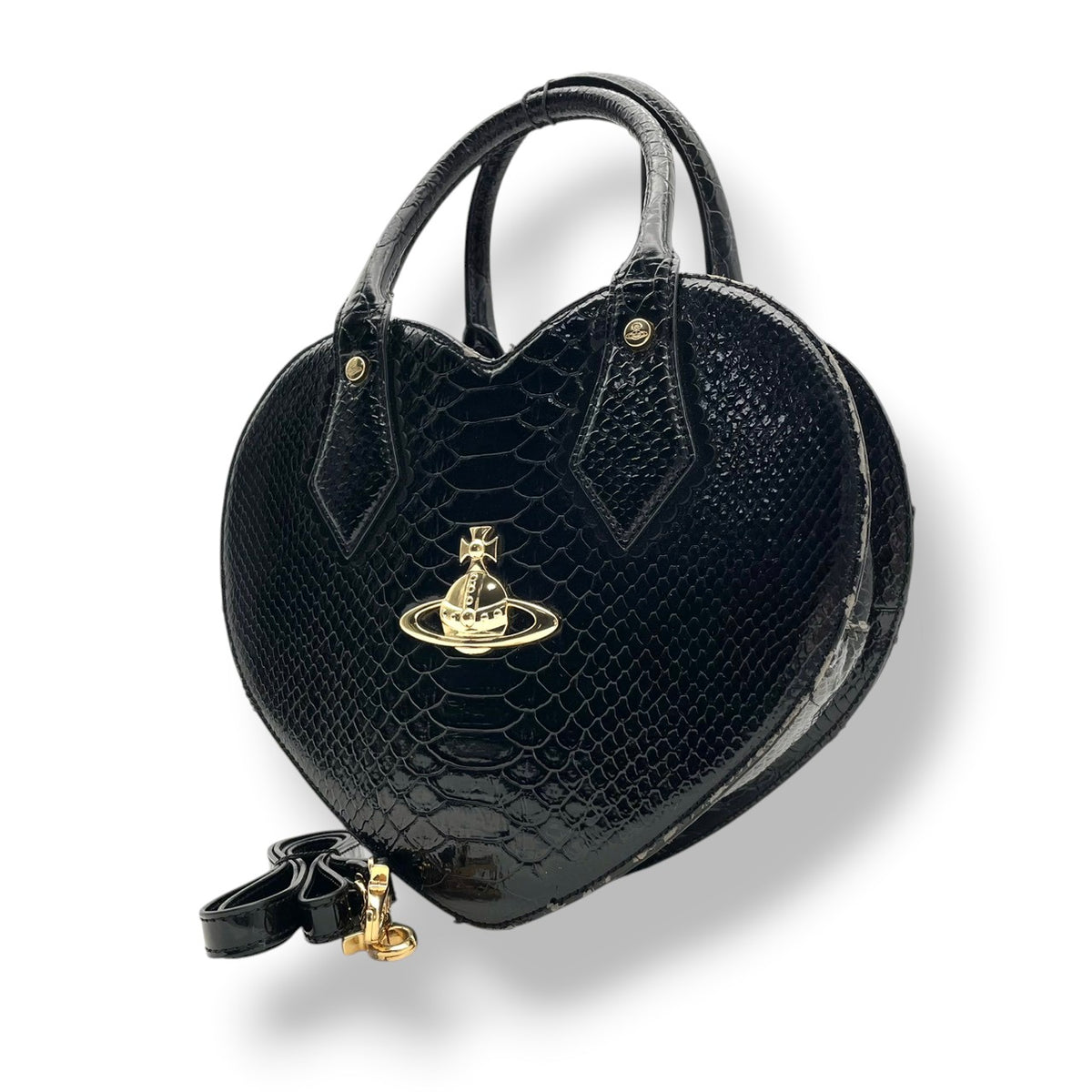 ヴィヴィアンウエストウッド Vivienne Westwood FRILLY SNAKE HEART ハート型 2WAY ハンドバッグ ショルダーバッグ 斜め掛け パテント エナメル レザー 本革 ブラック 黒 ゴールド金具 オーブチャーム 個性的 S51