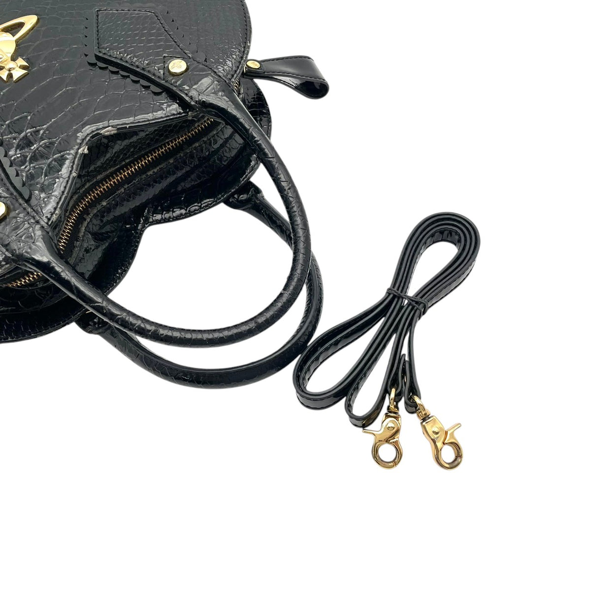 ヴィヴィアンウエストウッド Vivienne Westwood FRILLY SNAKE HEART ハート型 2WAY ハンドバッグ ショルダーバッグ 斜め掛け パテント エナメル レザー 本革 ブラック 黒 ゴールド金具 オーブチャーム 個性的 S51