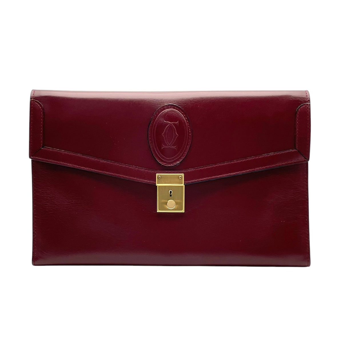 カルティエ Cartier マストライン Must de Cartier レザー セカンドバッグ クラッチバッグ 手提げかばん フラップ 鍵付き ロック金具 2Cモチーフ エンボス 本革 ボルドー バーガンディ 赤紫 ゴールド金具 ビンテージ S51
