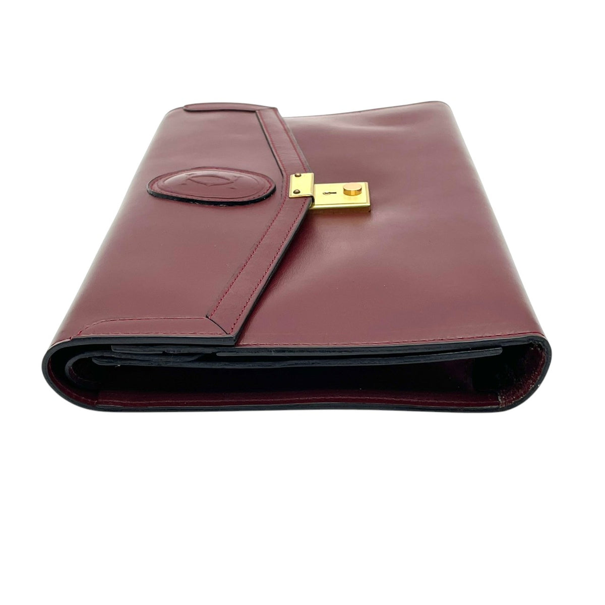 カルティエ Cartier マストライン Must de Cartier レザー セカンドバッグ クラッチバッグ 手提げかばん フラップ 鍵付き ロック金具 2Cモチーフ エンボス 本革 ボルドー バーガンディ 赤紫 ゴールド金具 ビンテージ S51