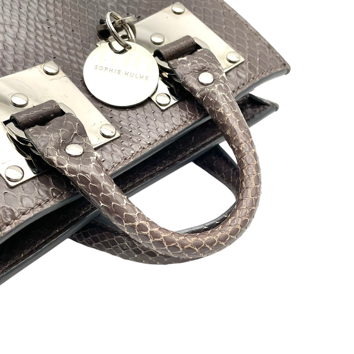 ソフィーヒュルム SOPHIE HULME アルビオン Albion ミニトートバッグ ハンドバッグ 手提げかばん 型押し レザー 本革 グレー ダークグレー シルバー メタル金具 チャーム付き モード エレガント レディース S51