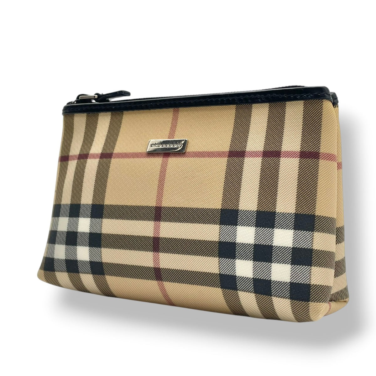 【美品】バーバリー BURBERRY ノバチェック PVC レザー コスメポーチ 化粧ポーチ マルチポーチ 小物入れ メイクポーチ ベージュ ブラック 黒 シルバープレート金具 トラベル エレガント クラシカル レディース メンズ M3