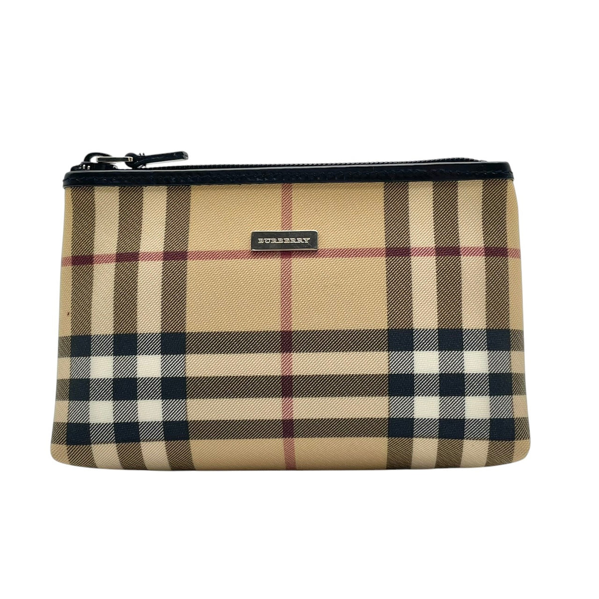 【美品】バーバリー BURBERRY ノバチェック PVC レザー コスメポーチ 化粧ポーチ マルチポーチ 小物入れ メイクポーチ ベージュ ブラック 黒 シルバープレート金具 トラベル エレガント クラシカル レディース メンズ M3