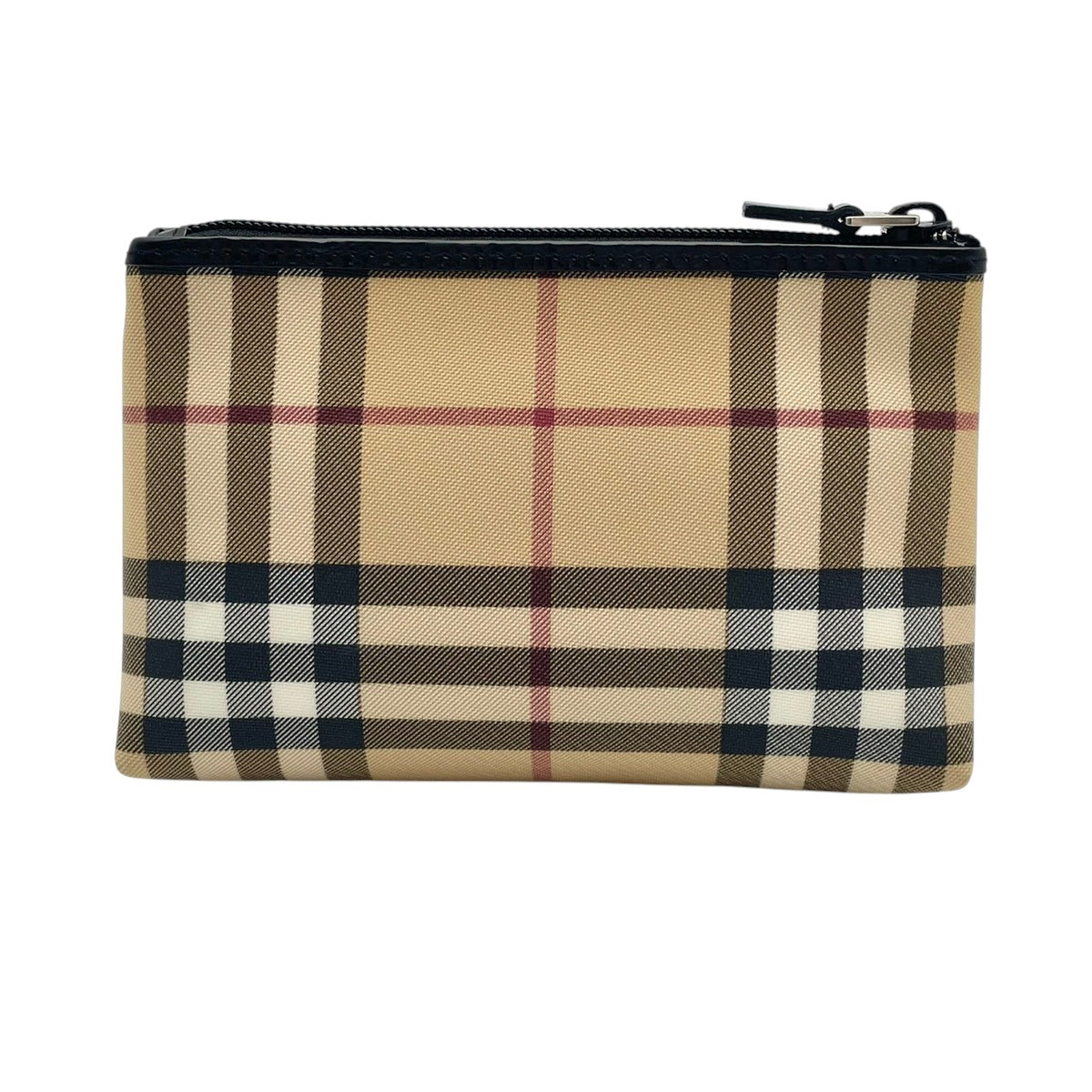 【美品】バーバリー BURBERRY ノバチェック PVC レザー コスメポーチ 化粧ポーチ マルチポーチ 小物入れ メイクポーチ ベージュ ブラック 黒 シルバープレート金具 トラベル エレガント クラシカル レディース メンズ M3
