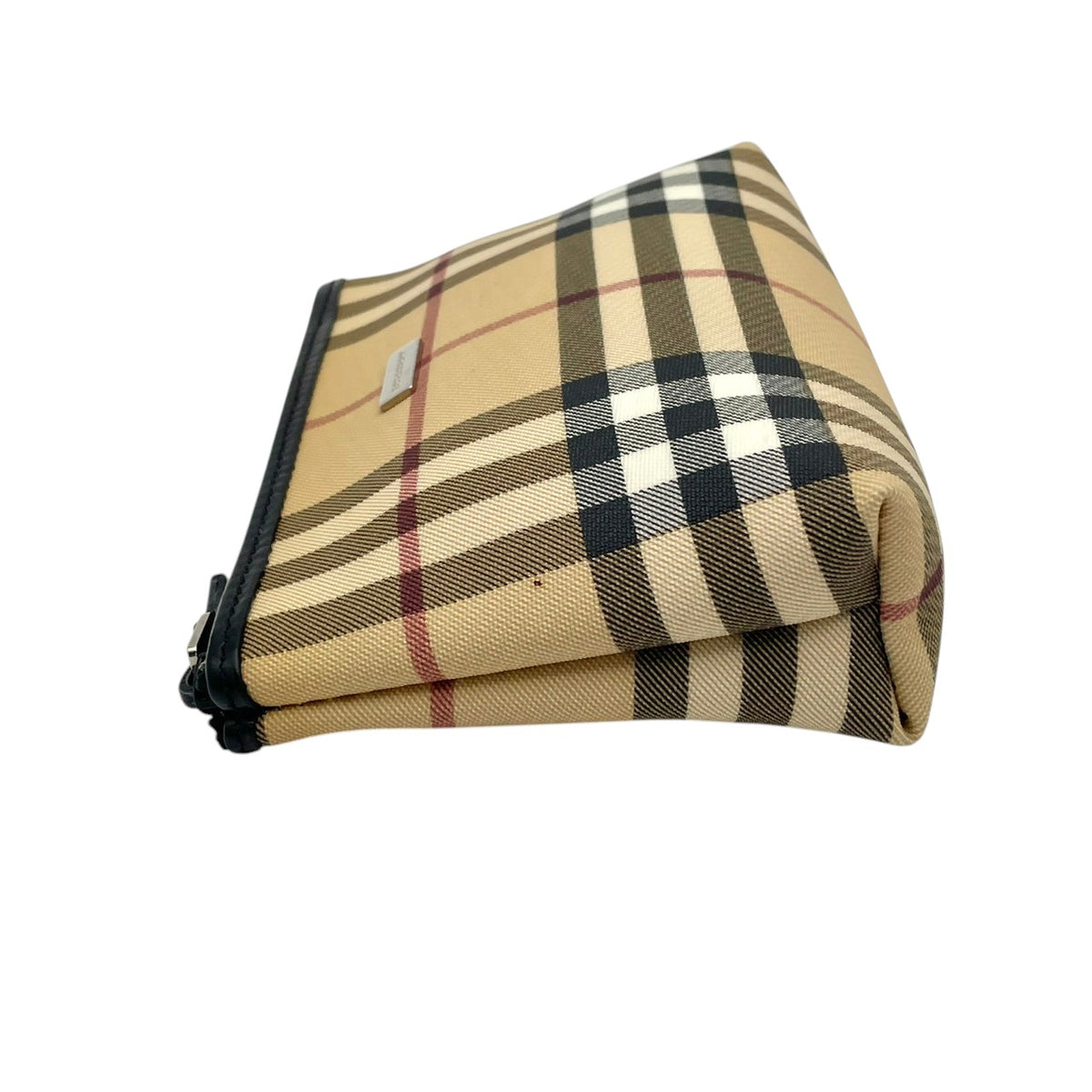 【美品】バーバリー BURBERRY ノバチェック PVC レザー コスメポーチ 化粧ポーチ マルチポーチ 小物入れ メイクポーチ ベージュ ブラック 黒 シルバープレート金具 トラベル エレガント クラシカル レディース メンズ M3
