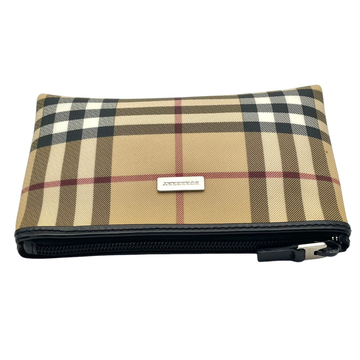 【美品】バーバリー BURBERRY ノバチェック PVC レザー コスメポーチ 化粧ポーチ マルチポーチ 小物入れ メイクポーチ ベージュ ブラック 黒 シルバープレート金具 トラベル エレガント クラシカル レディース メンズ M3