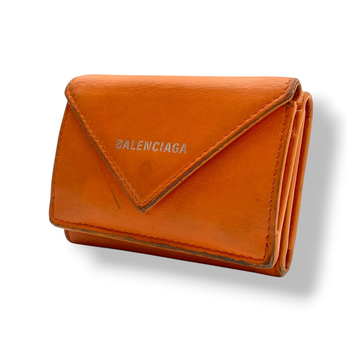 バレンシアガ BALENCIAGA ペーパー ミニ ウォレット Papier Mini Wallet 三つ折り財布 トライフォールド コンパクト ミニ財布 スムースレザー 本革 オレンジ 橙色 シルバーロゴ刻印 クラシカル カジュアル メンズ レディース M3