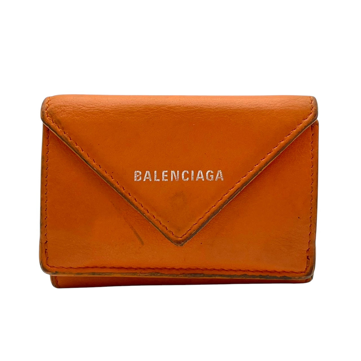 バレンシアガ BALENCIAGA ペーパー ミニ ウォレット Papier Mini Wallet 三つ折り財布 トライフォールド コンパクト ミニ財布 スムースレザー 本革 オレンジ 橙色 シルバーロゴ刻印 クラシカル カジュアル メンズ レディース M3