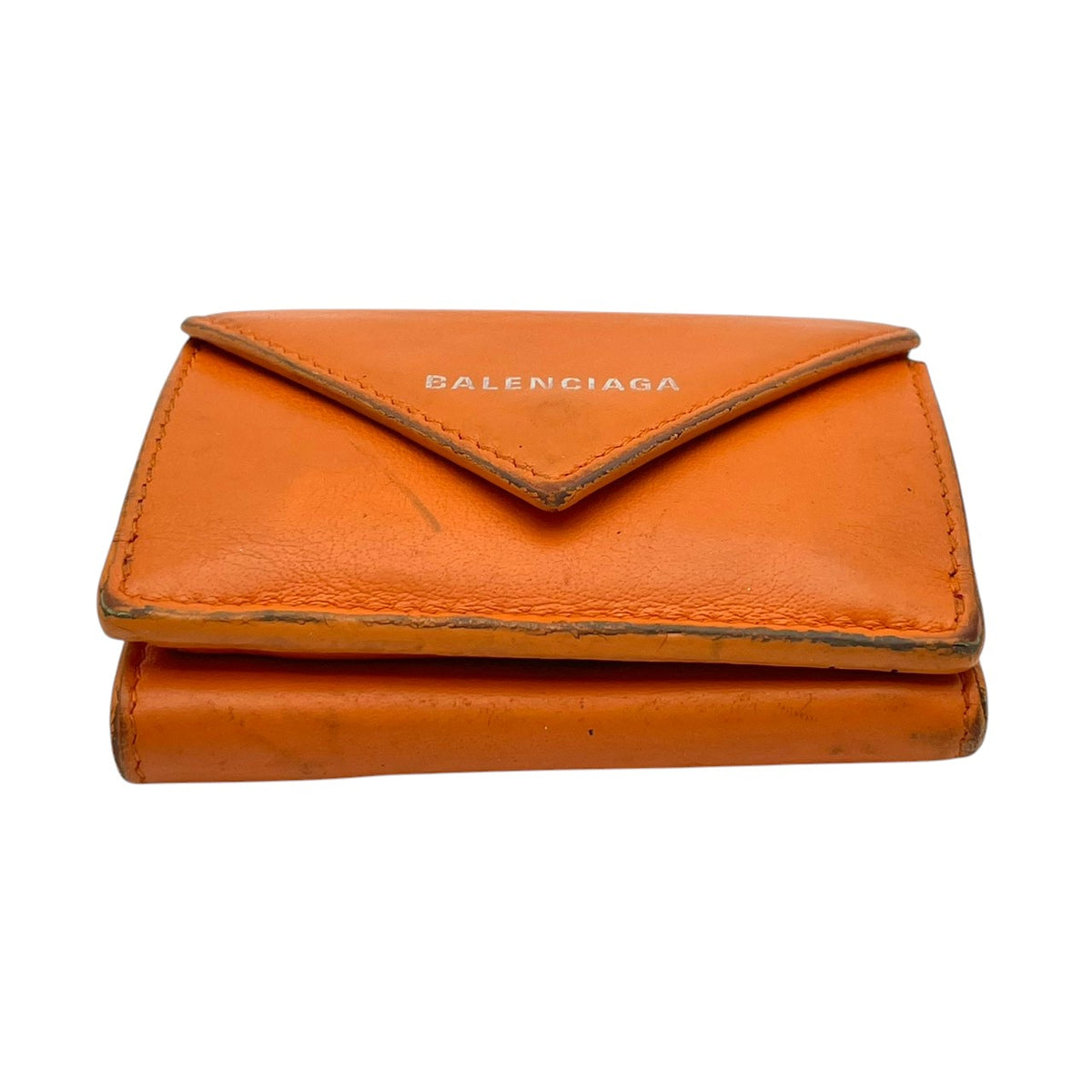 バレンシアガ BALENCIAGA ペーパー ミニ ウォレット Papier Mini Wallet 三つ折り財布 トライフォールド コンパクト ミニ財布 スムースレザー 本革 オレンジ 橙色 シルバーロゴ刻印 クラシカル カジュアル メンズ レディース M3