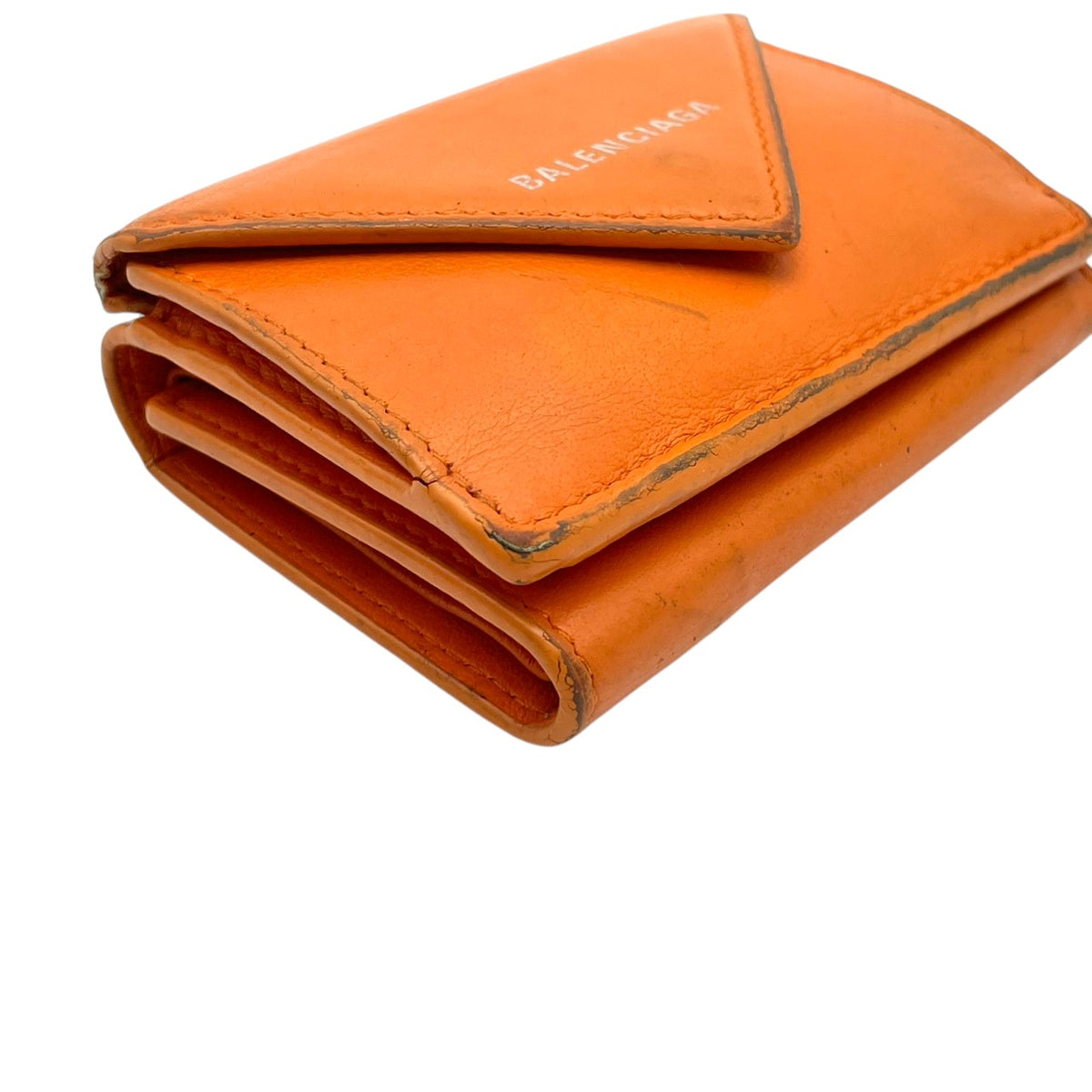 バレンシアガ BALENCIAGA ペーパー ミニ ウォレット Papier Mini Wallet 三つ折り財布 トライフォールド コンパクト ミニ財布 スムースレザー 本革 オレンジ 橙色 シルバーロゴ刻印 クラシカル カジュアル メンズ レディース M3