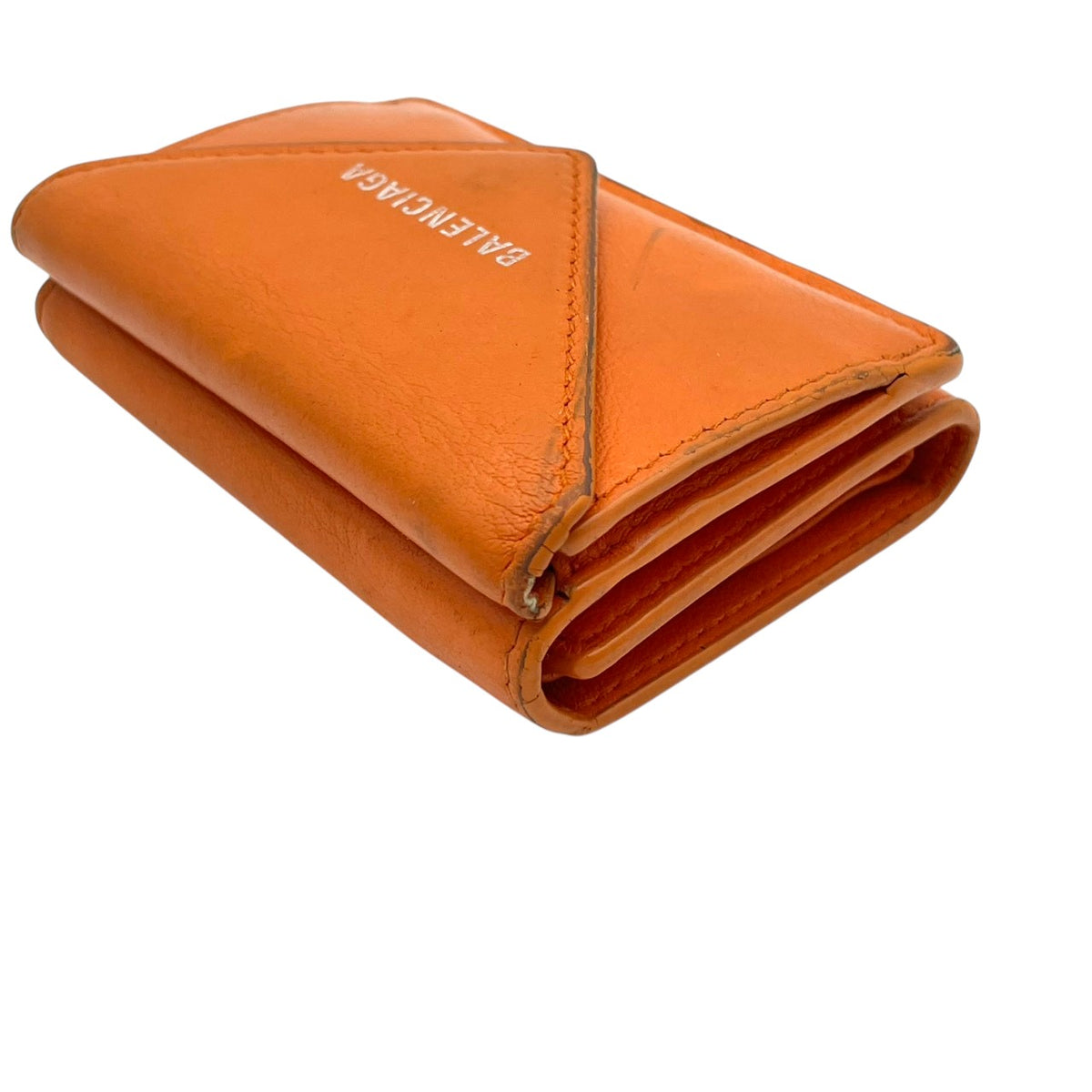 バレンシアガ BALENCIAGA ペーパー ミニ ウォレット Papier Mini Wallet 三つ折り財布 トライフォールド コンパクト ミニ財布 スムースレザー 本革 オレンジ 橙色 シルバーロゴ刻印 クラシカル カジュアル メンズ レディース M3
