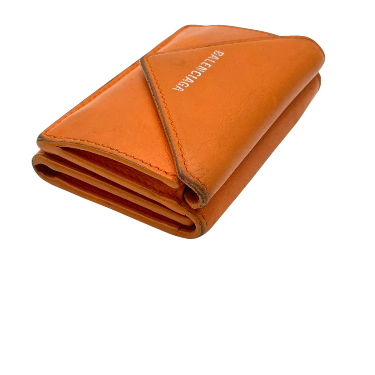 バレンシアガ BALENCIAGA ペーパー ミニ ウォレット Papier Mini Wallet 三つ折り財布 トライフォールド コンパクト ミニ財布 スムースレザー 本革 オレンジ 橙色 シルバーロゴ刻印 クラシカル カジュアル メンズ レディース M3