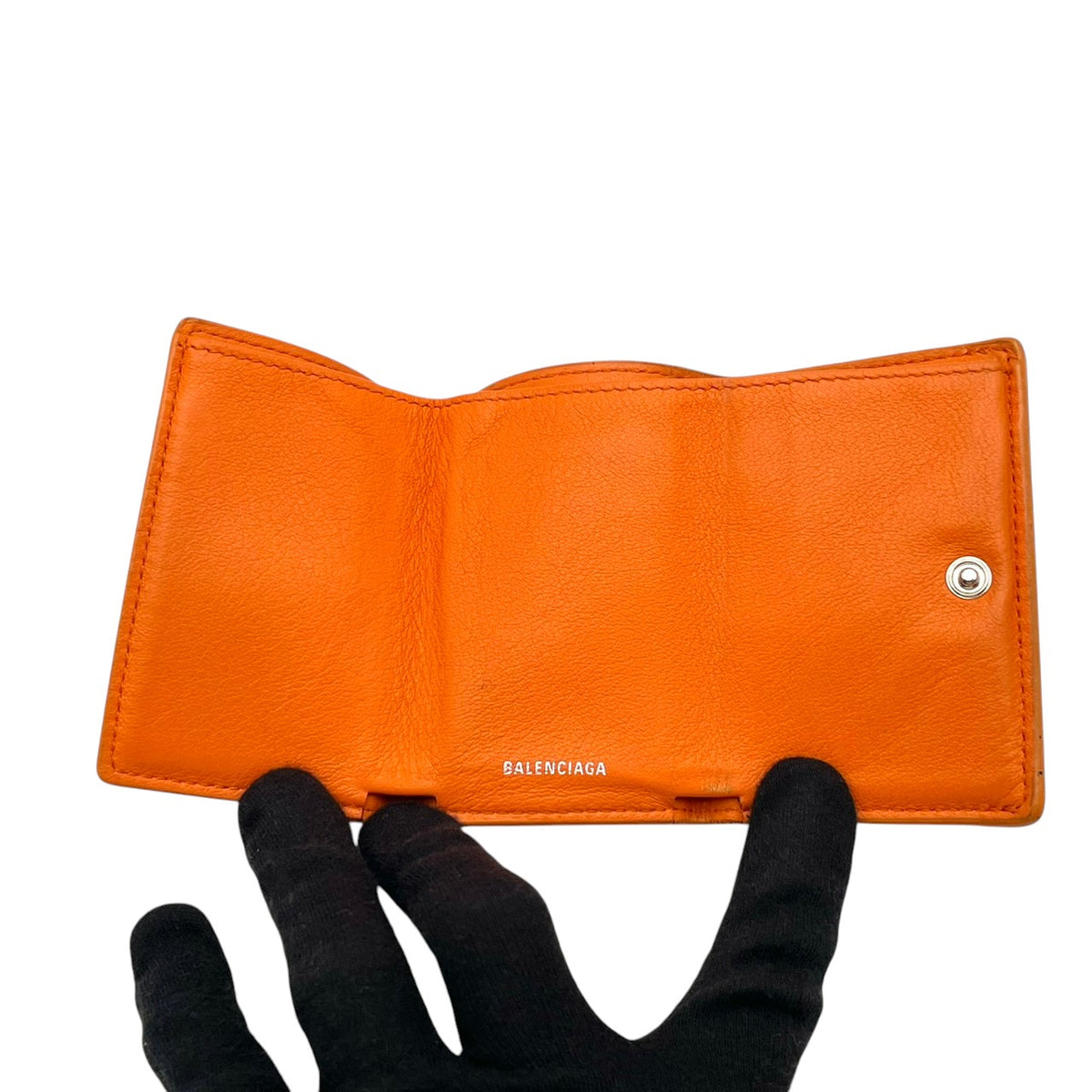 バレンシアガ BALENCIAGA ペーパー ミニ ウォレット Papier Mini Wallet 三つ折り財布 トライフォールド コンパクト ミニ財布 スムースレザー 本革 オレンジ 橙色 シルバーロゴ刻印 クラシカル カジュアル メンズ レディース M3