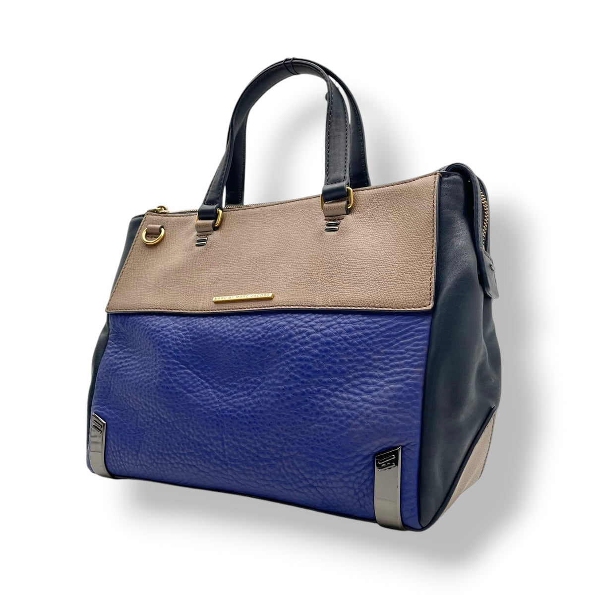 【良品】MARC BY MARC JACOBS マークバイマークジェイコブス シェルタードアイランド ハンドバッグ トートバッグ レザー 本革 ブルー ベージュ バイカラー レディース エレガント デイリーユース 通勤 通学 鞄 オシャレ S86