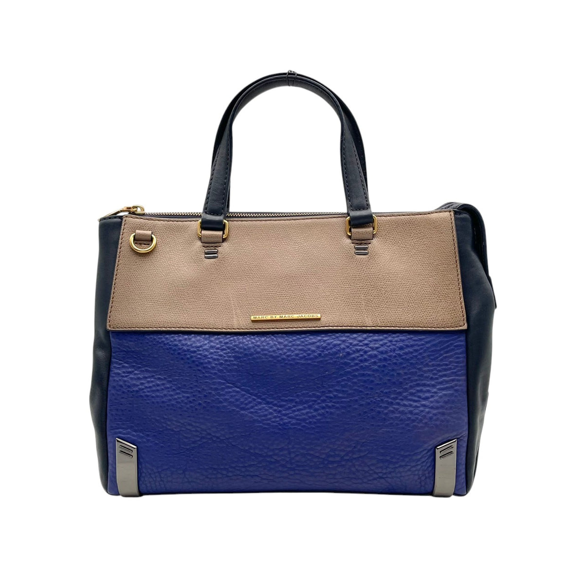 【良品】MARC BY MARC JACOBS マークバイマークジェイコブス シェルタードアイランド ハンドバッグ トートバッグ レザー 本革 ブルー ベージュ バイカラー レディース エレガント デイリーユース 通勤 通学 鞄 オシャレ S86
