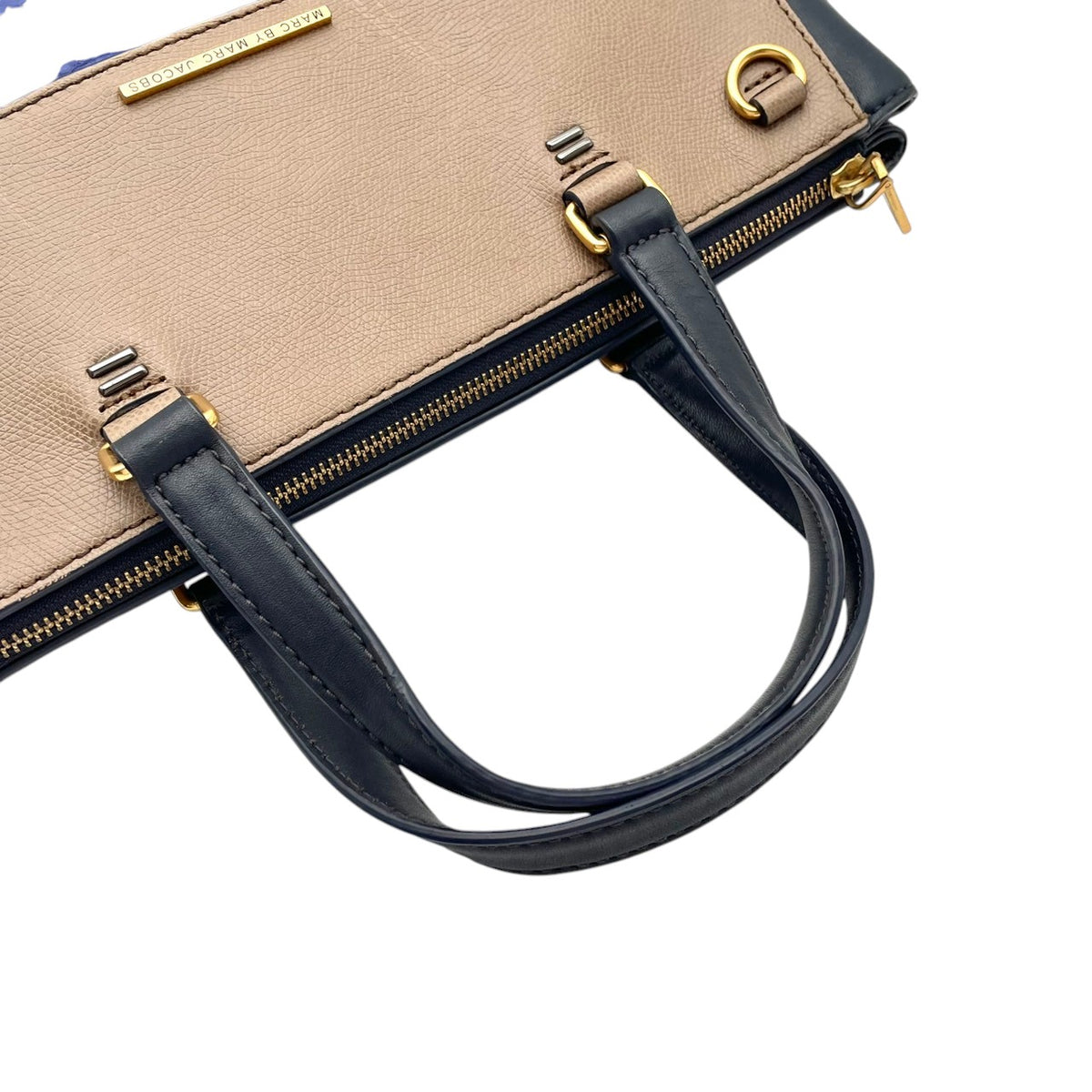 【良品】MARC BY MARC JACOBS マークバイマークジェイコブス シェルタードアイランド ハンドバッグ トートバッグ レザー 本革 ブルー ベージュ バイカラー レディース エレガント デイリーユース 通勤 通学 鞄 オシャレ S86