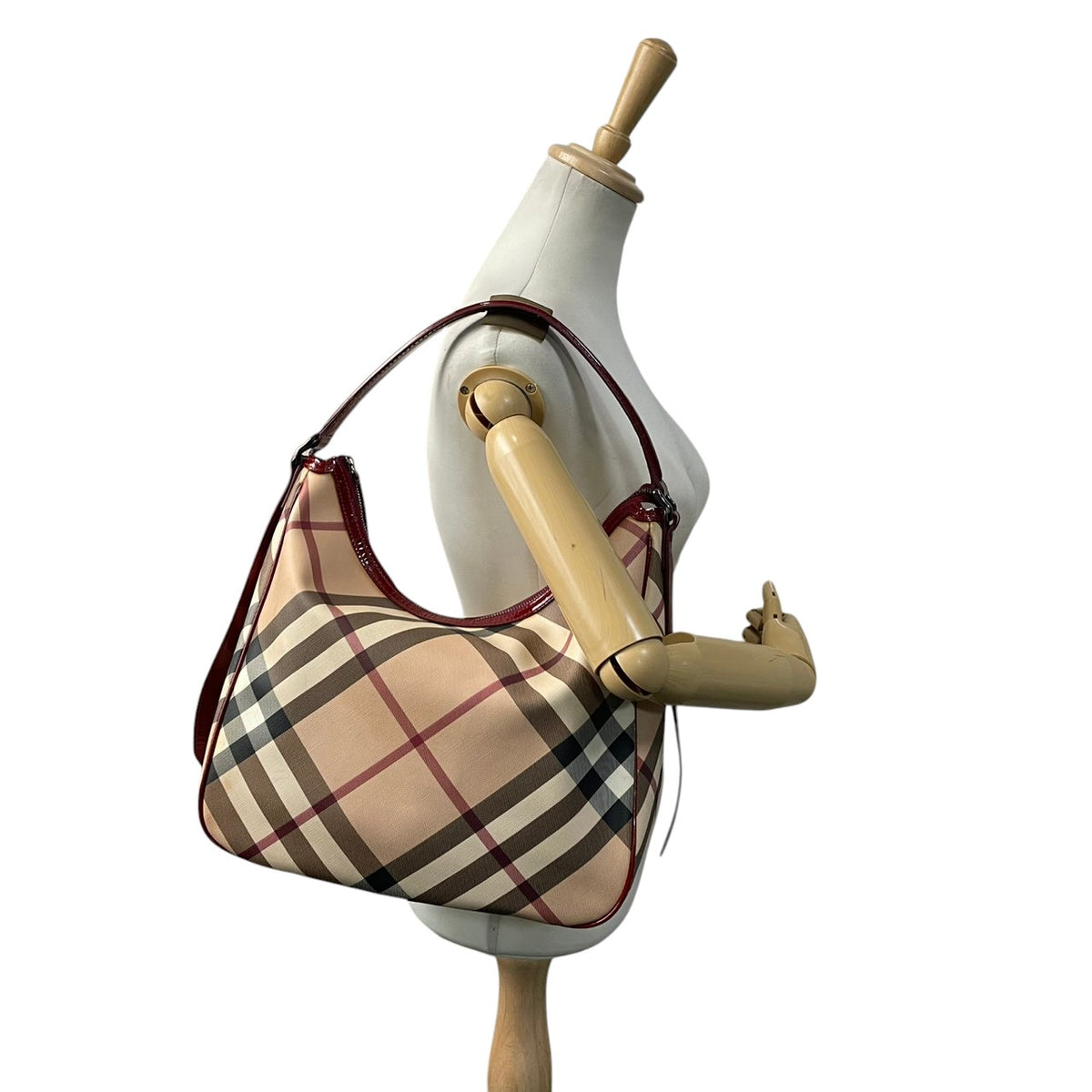【良品】BURBERRY バーバリー ショルダーバッグ ホーボーバッグ ワンショルダー ノバチェック メガチェック PVC レザー 本革 ベージュ ワインレッド ボルドー 肩掛け 大容量 A4収納可能 レディース エレガント カジュアル 通勤 S86