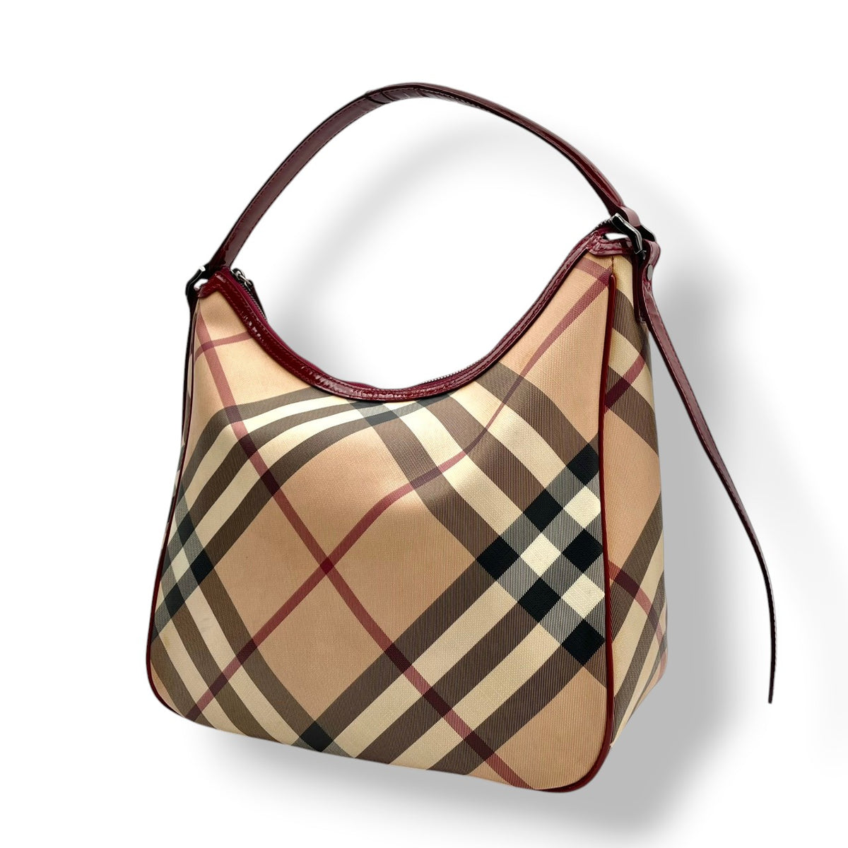 【良品】BURBERRY バーバリー ショルダーバッグ ホーボーバッグ ワンショルダー ノバチェック メガチェック PVC レザー 本革 ベージュ ワインレッド ボルドー 肩掛け 大容量 A4収納可能 レディース エレガント カジュアル 通勤 S86
