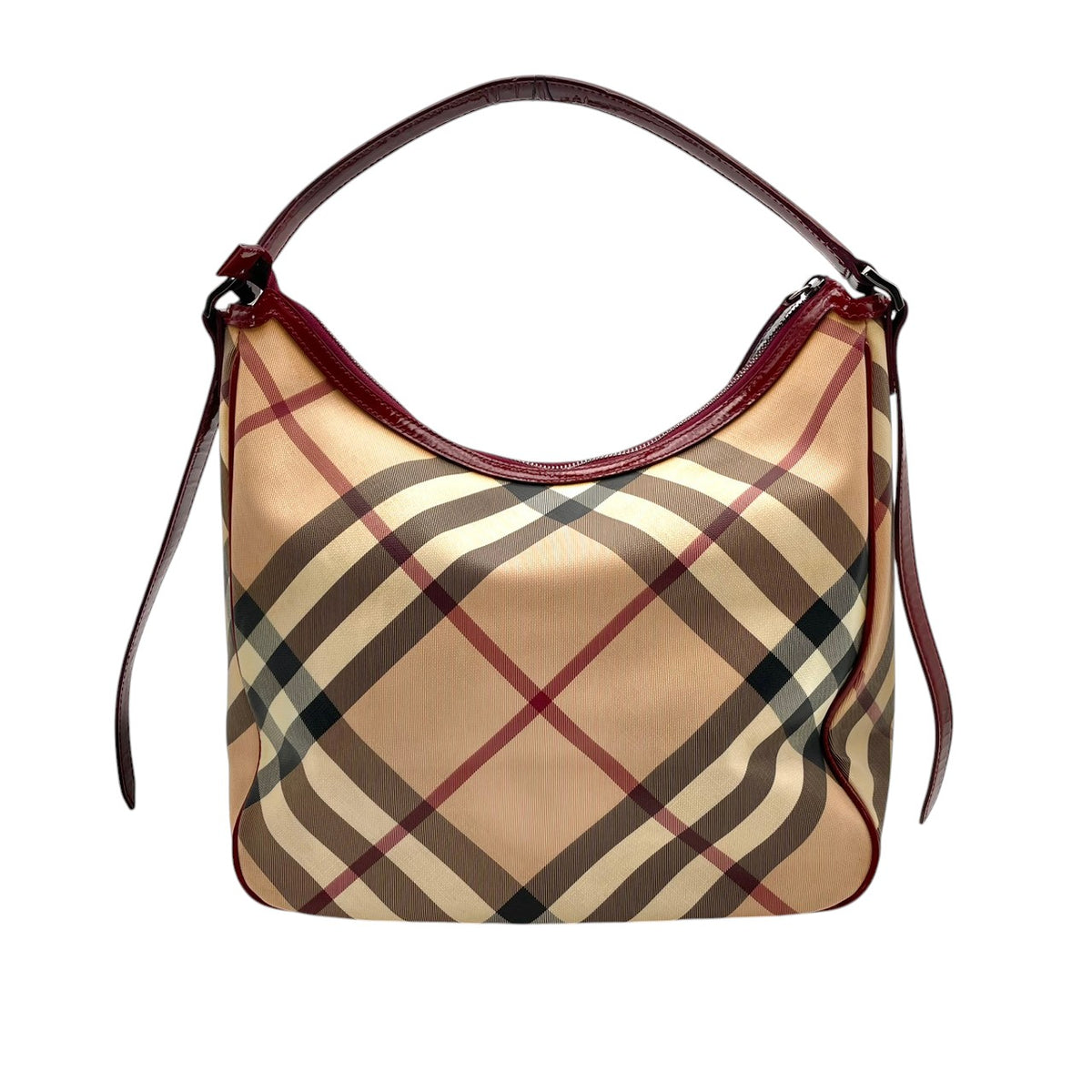 【良品】BURBERRY バーバリー ショルダーバッグ ホーボーバッグ ワンショルダー ノバチェック メガチェック PVC レザー 本革 ベージュ ワインレッド ボルドー 肩掛け 大容量 A4収納可能 レディース エレガント カジュアル 通勤 S86
