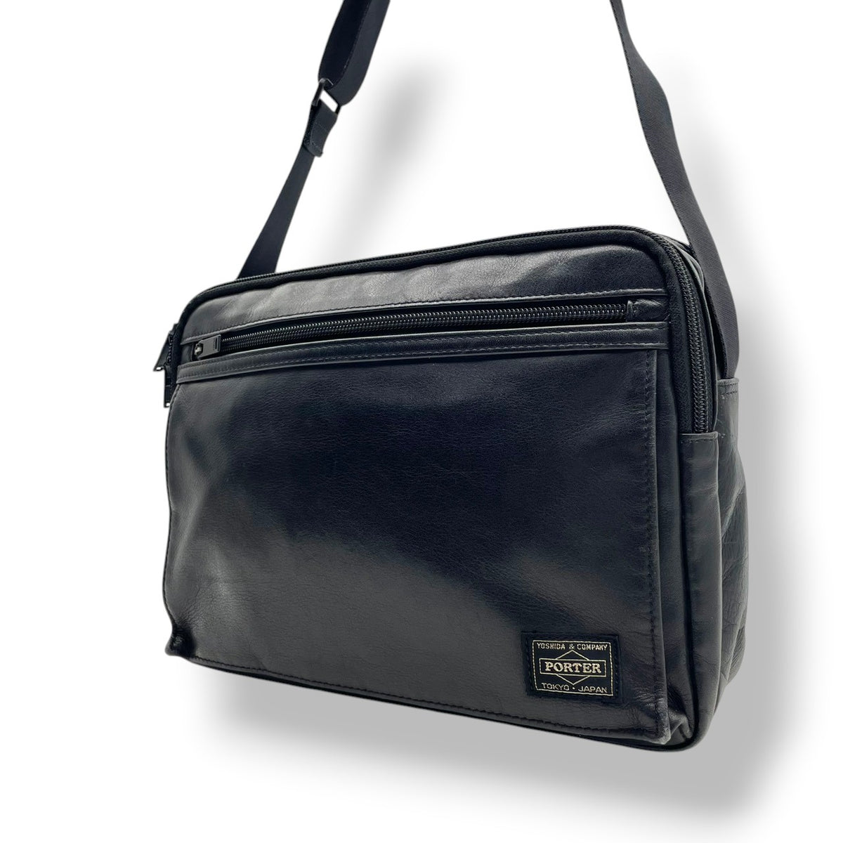 【良品】PORTER ポーター 吉田カバン ショルダーバッグ クロスボディバッグ レザー 本革 ネイビー 紺 斜め掛け メンズ レディース ユニセックス 通勤 通学 デイリーユース カジュアル シンプル おしゃれ かばん S92
