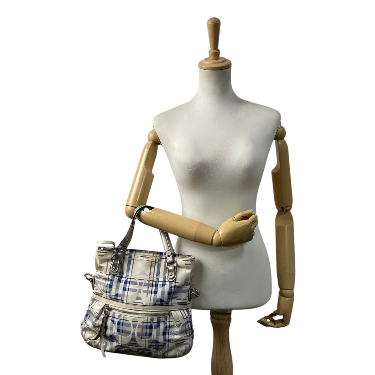 【良品】COACH コーチ 21139 ポピー タータン フォルドオーバー シグネチャー 2WAY ショルダーバッグ ハンドバッグ トートバッグ キャンバス レザー アイボリー ブルー チェック 斜め掛け 肩掛け レディース A4 通勤 通学 カバン S92