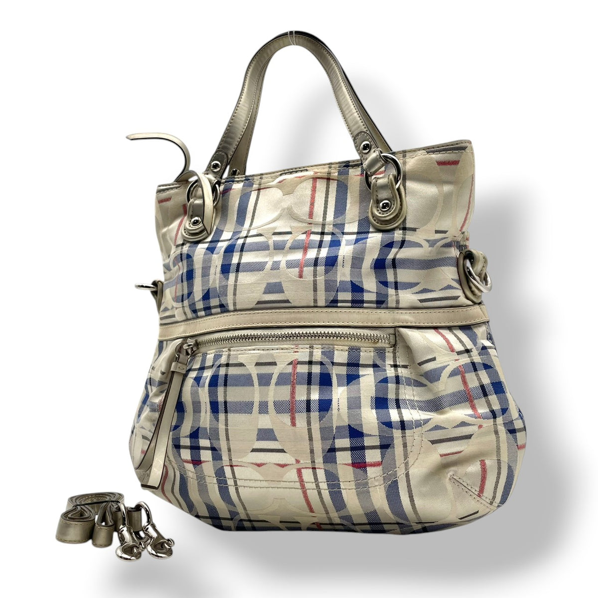 【良品】COACH コーチ 21139 ポピー タータン フォルドオーバー シグネチャー 2WAY ショルダーバッグ ハンドバッグ トートバッグ キャンバス レザー アイボリー ブルー チェック 斜め掛け 肩掛け レディース A4 通勤 通学 カバン S92
