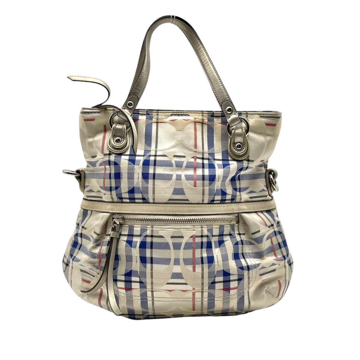 【良品】COACH コーチ 21139 ポピー タータン フォルドオーバー シグネチャー 2WAY ショルダーバッグ ハンドバッグ トートバッグ キャンバス レザー アイボリー ブルー チェック 斜め掛け 肩掛け レディース A4 通勤 通学 カバン S92