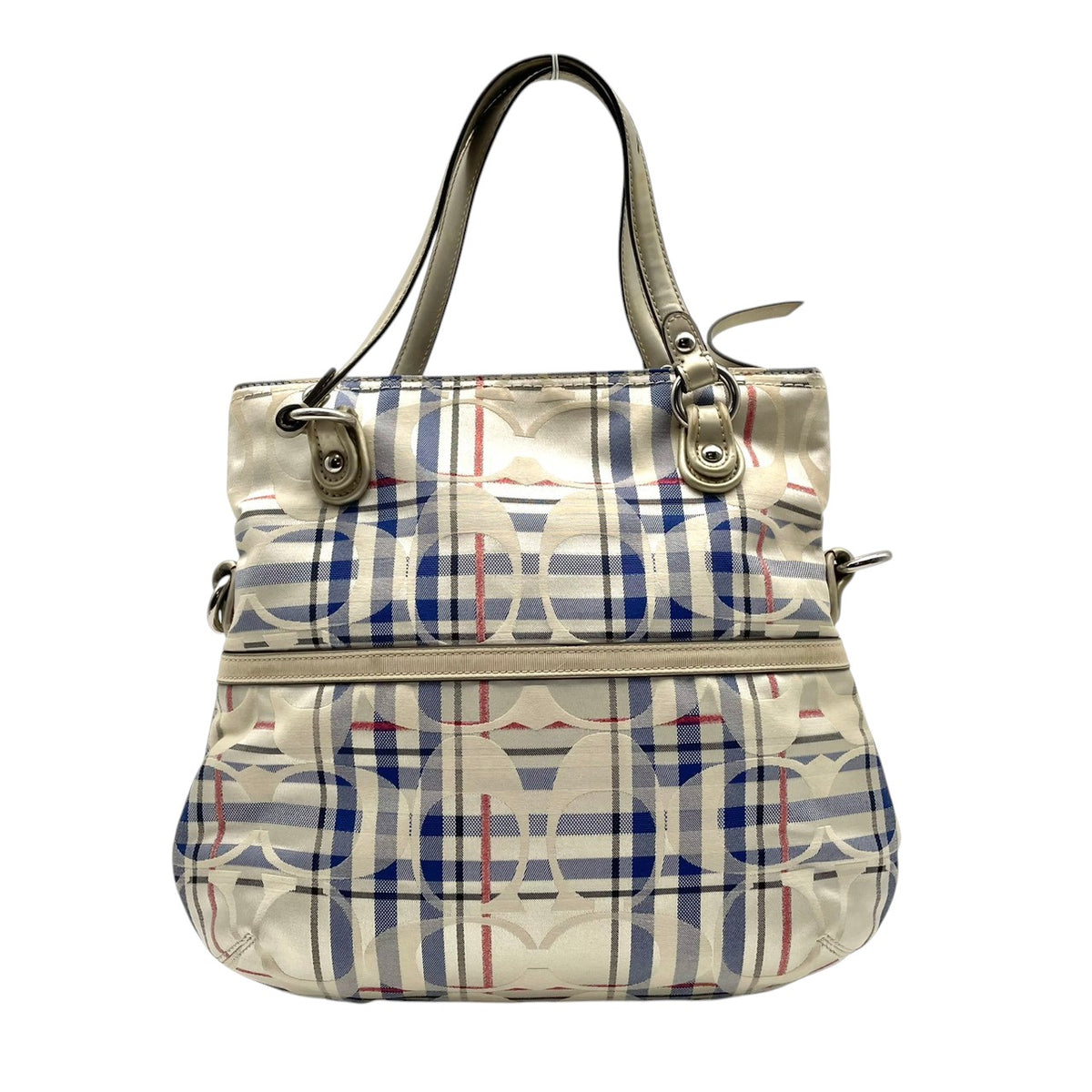 【良品】COACH コーチ 21139 ポピー タータン フォルドオーバー シグネチャー 2WAY ショルダーバッグ ハンドバッグ トートバッグ キャンバス レザー アイボリー ブルー チェック 斜め掛け 肩掛け レディース A4 通勤 通学 カバン S92