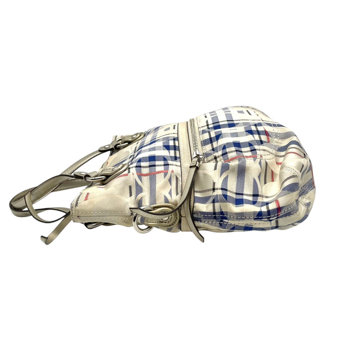 【良品】COACH コーチ 21139 ポピー タータン フォルドオーバー シグネチャー 2WAY ショルダーバッグ ハンドバッグ トートバッグ キャンバス レザー アイボリー ブルー チェック 斜め掛け 肩掛け レディース A4 通勤 通学 カバン S92