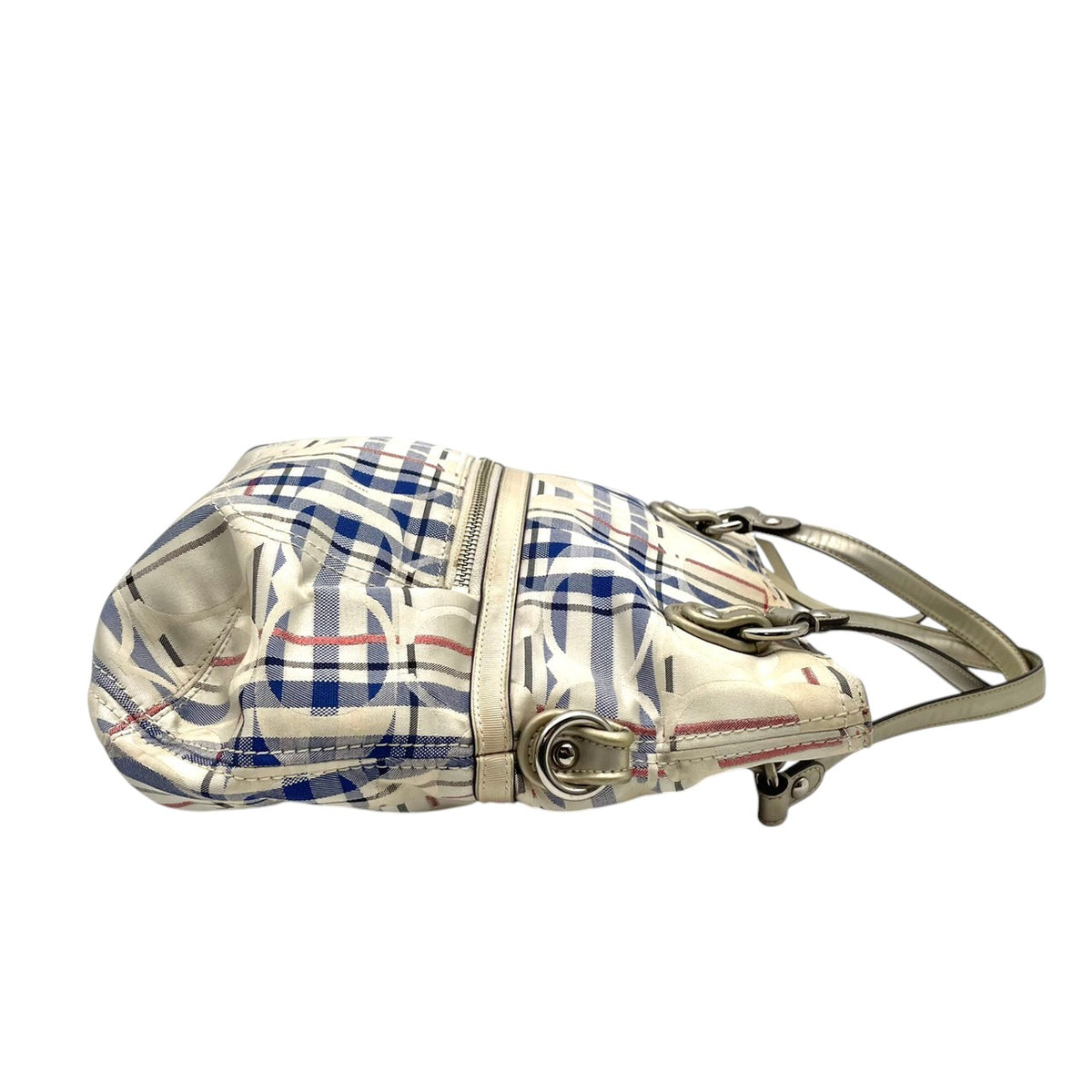 【良品】COACH コーチ 21139 ポピー タータン フォルドオーバー シグネチャー 2WAY ショルダーバッグ ハンドバッグ トートバッグ キャンバス レザー アイボリー ブルー チェック 斜め掛け 肩掛け レディース A4 通勤 通学 カバン S92