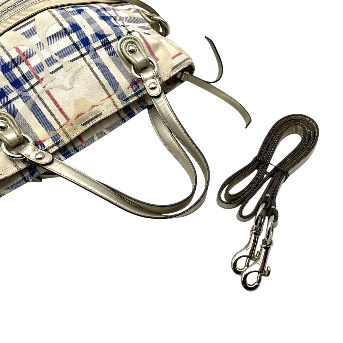 【良品】COACH コーチ 21139 ポピー タータン フォルドオーバー シグネチャー 2WAY ショルダーバッグ ハンドバッグ トートバッグ キャンバス レザー アイボリー ブルー チェック 斜め掛け 肩掛け レディース A4 通勤 通学 カバン S92