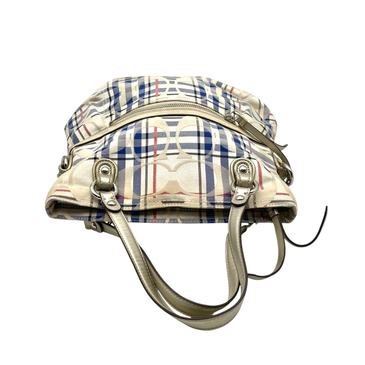 【良品】COACH コーチ 21139 ポピー タータン フォルドオーバー シグネチャー 2WAY ショルダーバッグ ハンドバッグ トートバッグ キャンバス レザー アイボリー ブルー チェック 斜め掛け 肩掛け レディース A4 通勤 通学 カバン S92