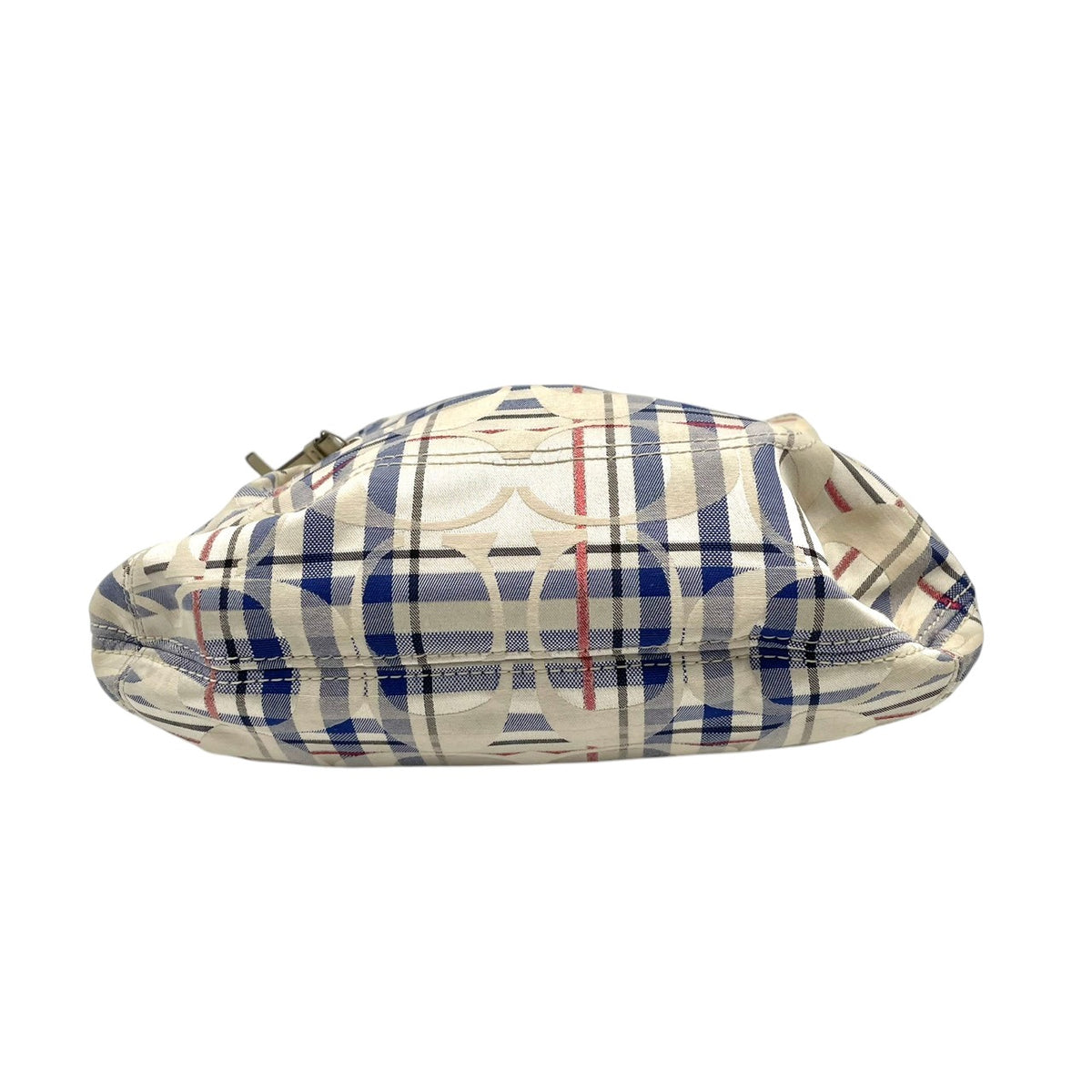 【良品】COACH コーチ 21139 ポピー タータン フォルドオーバー シグネチャー 2WAY ショルダーバッグ ハンドバッグ トートバッグ キャンバス レザー アイボリー ブルー チェック 斜め掛け 肩掛け レディース A4 通勤 通学 カバン S92