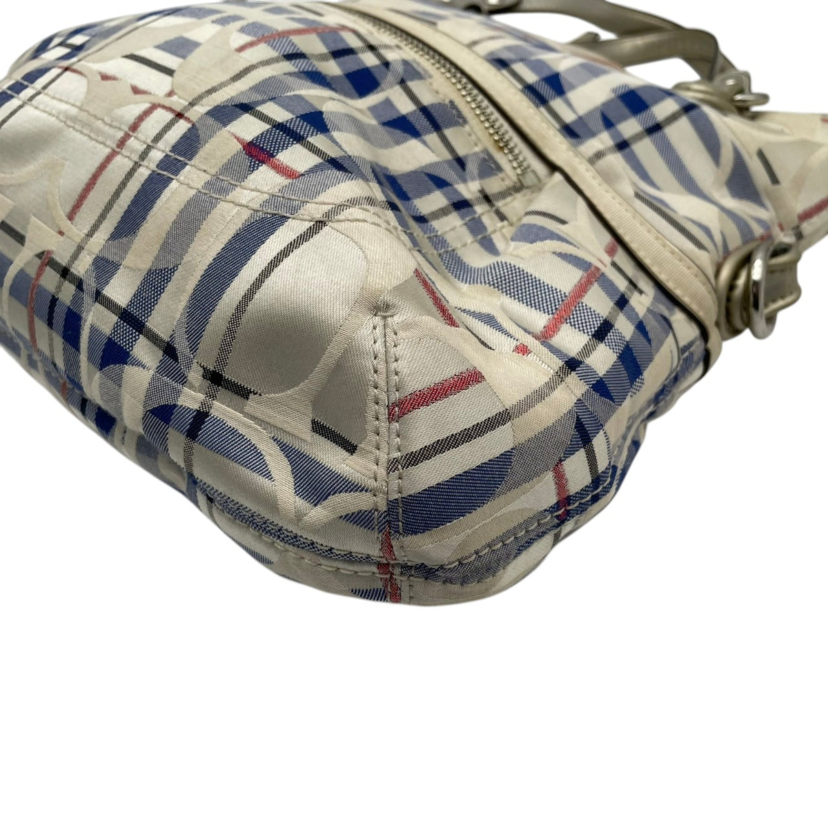 【良品】COACH コーチ 21139 ポピー タータン フォルドオーバー シグネチャー 2WAY ショルダーバッグ ハンドバッグ トートバッグ キャンバス レザー アイボリー ブルー チェック 斜め掛け 肩掛け レディース A4 通勤 通学 カバン S92