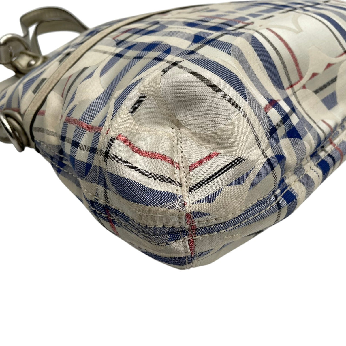 【良品】COACH コーチ 21139 ポピー タータン フォルドオーバー シグネチャー 2WAY ショルダーバッグ ハンドバッグ トートバッグ キャンバス レザー アイボリー ブルー チェック 斜め掛け 肩掛け レディース A4 通勤 通学 カバン S92