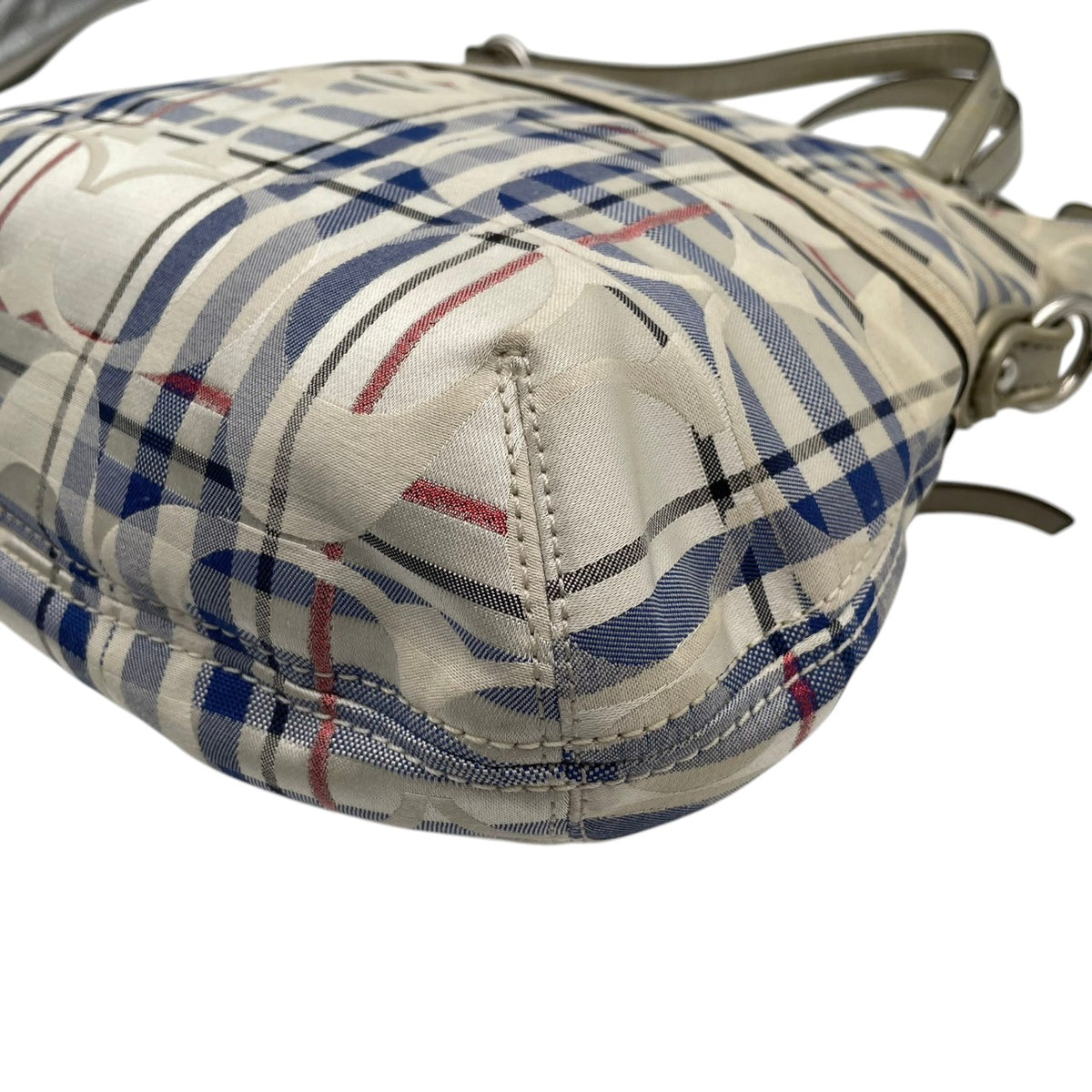【良品】COACH コーチ 21139 ポピー タータン フォルドオーバー シグネチャー 2WAY ショルダーバッグ ハンドバッグ トートバッグ キャンバス レザー アイボリー ブルー チェック 斜め掛け 肩掛け レディース A4 通勤 通学 カバン S92