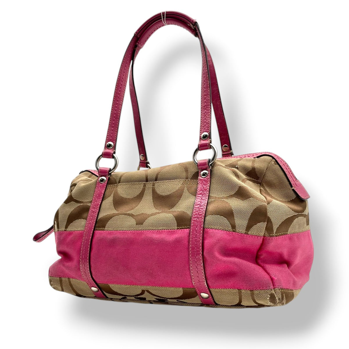 【良品】COACH コーチ F13551 シグネチャー ストライプ ミニボストンバッグ ハンドバッグ トートバッグ キャンバス レザー ベージュ ピンク パテントレザー レディース 肩掛け デイリー カジュアル おしゃれ かわいい S92