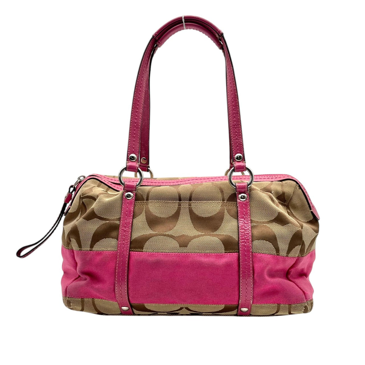 【良品】COACH コーチ F13551 シグネチャー ストライプ ミニボストンバッグ ハンドバッグ トートバッグ キャンバス レザー ベージュ ピンク パテントレザー レディース 肩掛け デイリー カジュアル おしゃれ かわいい S92