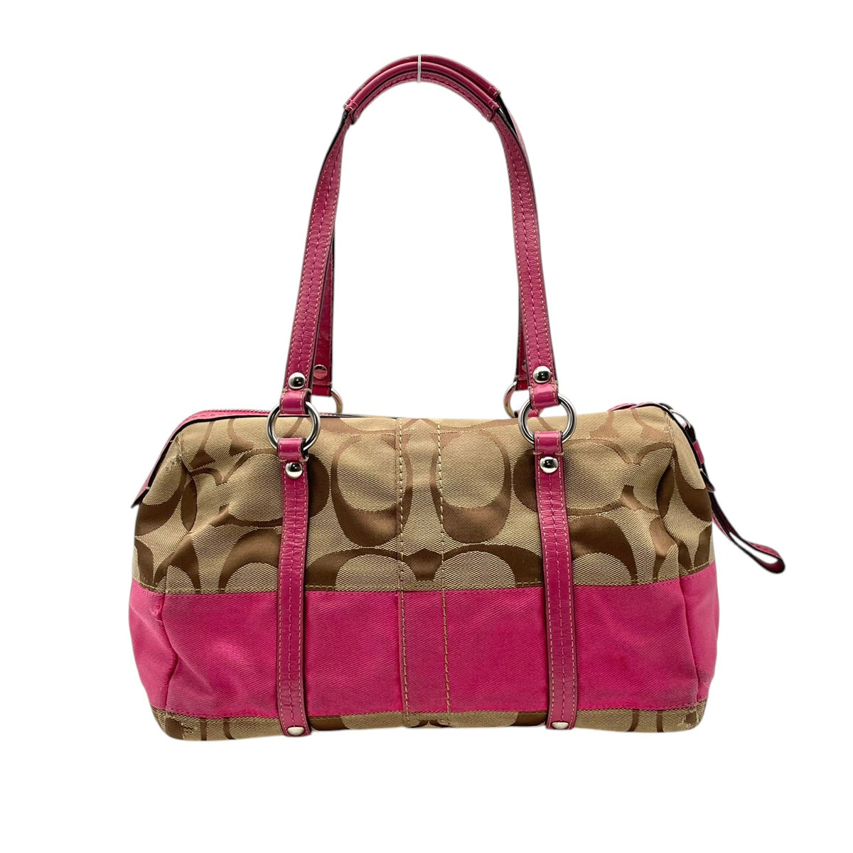 【良品】COACH コーチ F13551 シグネチャー ストライプ ミニボストンバッグ ハンドバッグ トートバッグ キャンバス レザー ベージュ ピンク パテントレザー レディース 肩掛け デイリー カジュアル おしゃれ かわいい S92