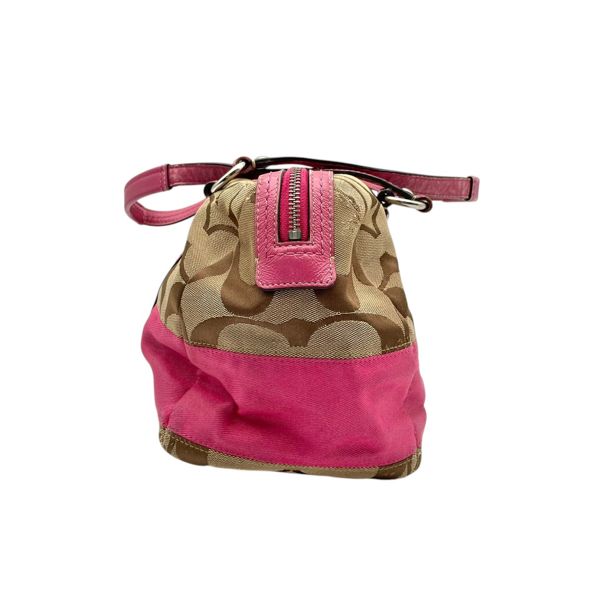 【良品】COACH コーチ F13551 シグネチャー ストライプ ミニボストンバッグ ハンドバッグ トートバッグ キャンバス レザー ベージュ ピンク パテントレザー レディース 肩掛け デイリー カジュアル おしゃれ かわいい S92