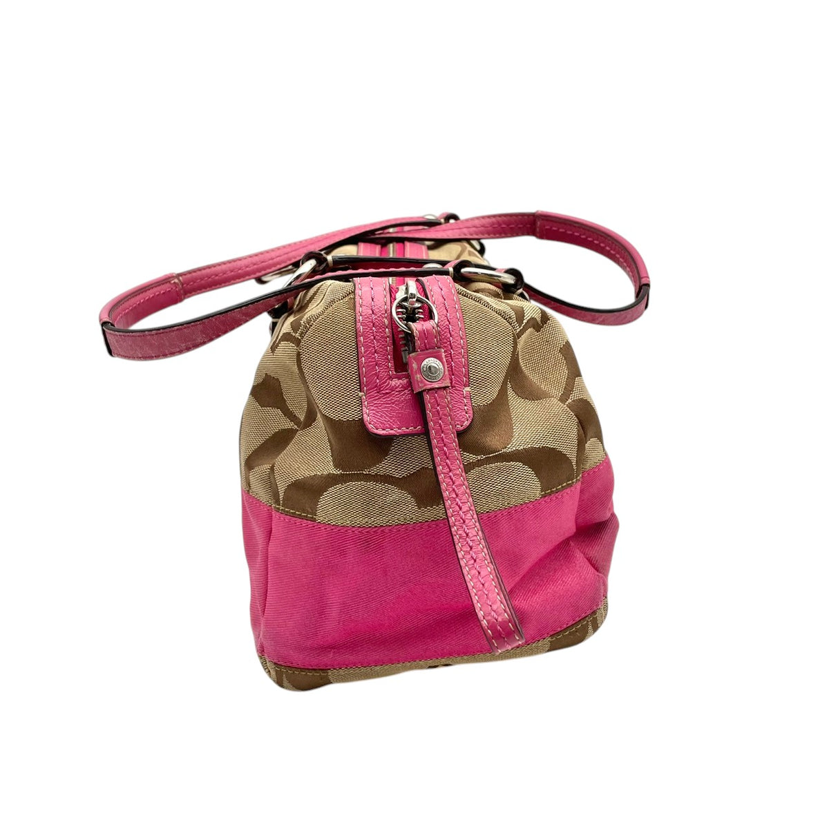 【良品】COACH コーチ F13551 シグネチャー ストライプ ミニボストンバッグ ハンドバッグ トートバッグ キャンバス レザー ベージュ ピンク パテントレザー レディース 肩掛け デイリー カジュアル おしゃれ かわいい S92