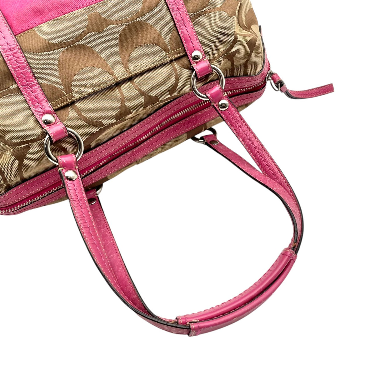 【良品】COACH コーチ F13551 シグネチャー ストライプ ミニボストンバッグ ハンドバッグ トートバッグ キャンバス レザー ベージュ ピンク パテントレザー レディース 肩掛け デイリー カジュアル おしゃれ かわいい S92