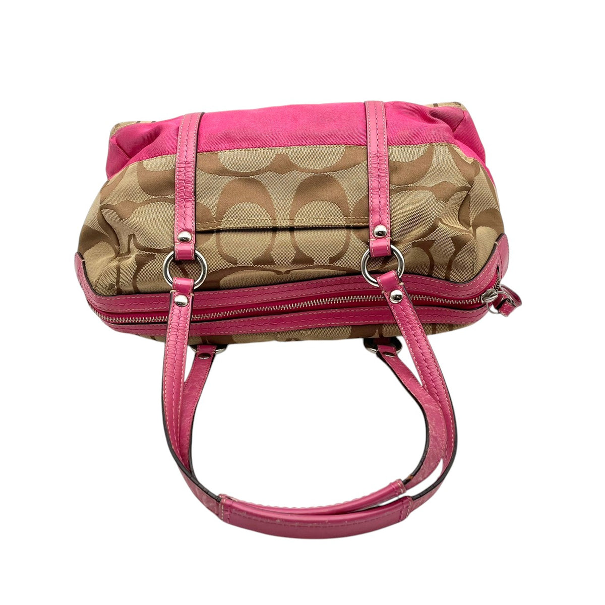 【良品】COACH コーチ F13551 シグネチャー ストライプ ミニボストンバッグ ハンドバッグ トートバッグ キャンバス レザー ベージュ ピンク パテントレザー レディース 肩掛け デイリー カジュアル おしゃれ かわいい S92