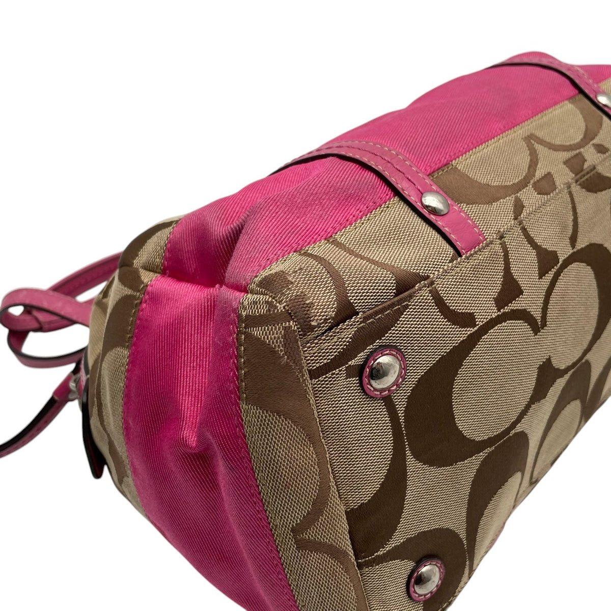 【良品】COACH コーチ F13551 シグネチャー ストライプ ミニボストンバッグ ハンドバッグ トートバッグ キャンバス レザー ベージュ ピンク パテントレザー レディース 肩掛け デイリー カジュアル おしゃれ かわいい S92